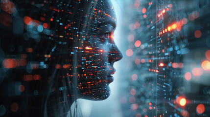 Digital representation of a human face merging with binary code, symbolizing the fusion of humanity with advanced technology, possibly artificial intelligence or virtual reality.
