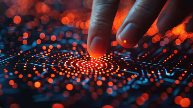 A finger touching a glowing digital interface with pulsating red lights representing a futuristic biometric scan or high-tech user interface interaction.