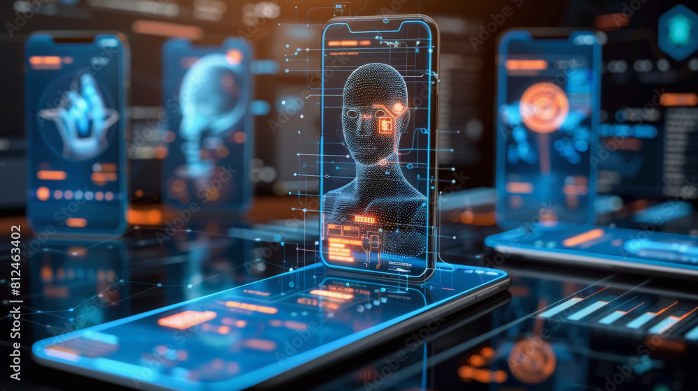Aufkleber a futuristic ai concept with a 3d human avatar displayed on a smartphone in a high-tech interface en