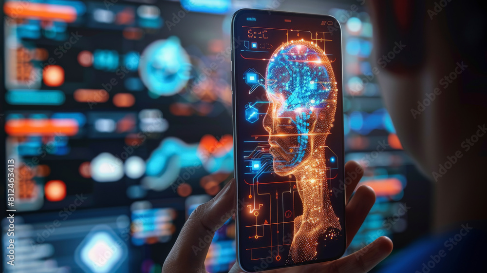 Poster a person is holding a smartphone displaying a 3d model of a human brain, symbolizing advanced ai or 