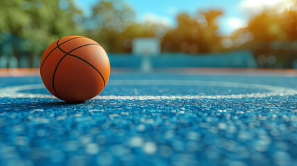 Basketball court with a ball. The background is blurred, the foreground is in focus. The ball is orange and the court is blue.