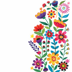 Festive Mexican floral pattern, colorful flowers with decorative border on white background, traditional embroidery