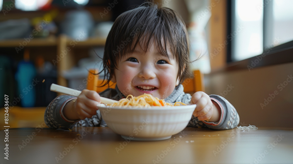 Wall mural a cheerful toddler with a bowl of noodles, smiling and holding chopsticks, capturing a moment of joy