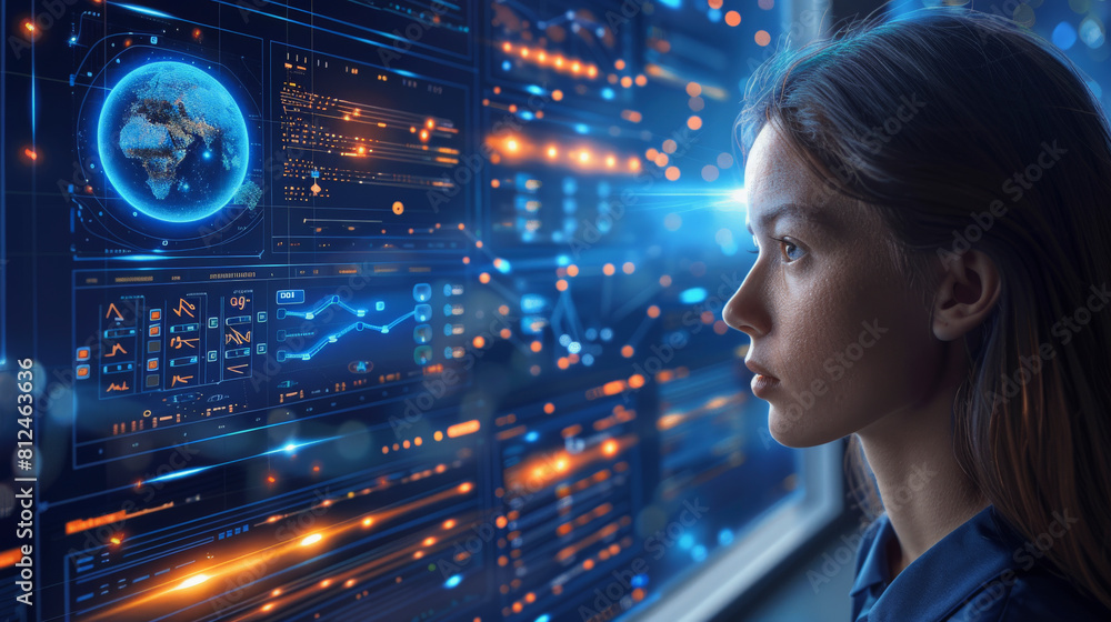 Aufkleber a woman observes complex data visualizations on a futuristic interface, displaying world maps, graph