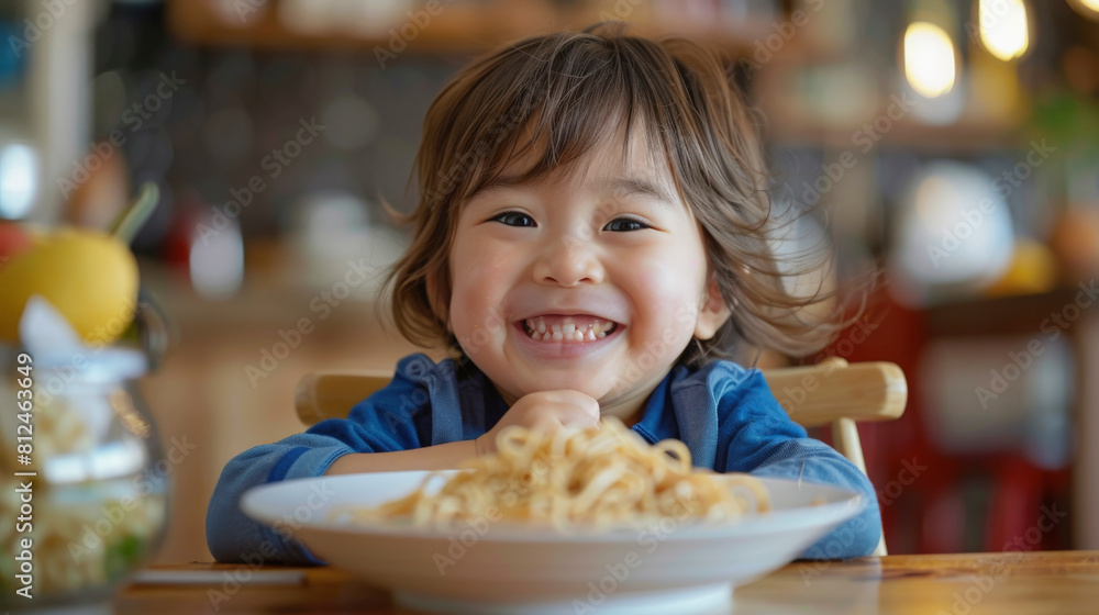 Wall mural A joyful child with a big smile sitting at a table, looking eagerly at a plate of spaghetti, ready to enjoy the meal.