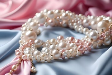 Elegant pearls on satin textile in soft hues. Luxurious pearl necklace against silky pink and blue background. Delicate string of pearls on textured satin material. See Less gemerate ai