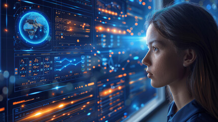 A woman observes complex data visualizations on a futuristic interface, displaying world maps, graphs, and various analytics, suggesting a high-tech surveillance or monitoring scenario.