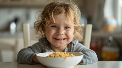 A cheerful young child with curly hair smiling at the camera, sitting at a table with a bowl of food, likely pasta, in front of them.