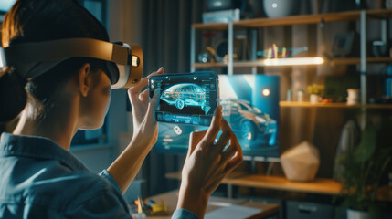 A person using augmented reality (AR) glasses interacts with a holographic display of a car model projected on a smartphone in a modern workspace.