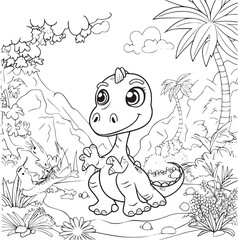 Coloring Pages Cute Tyrannosaurus Dinosaur of meadows, trees, mountains and clouds. Printable Coloring book Outline black and white.