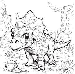 Coloring Pages Cute Tyrannosaurus Dinosaur of meadows, trees, mountains and clouds. Printable Coloring book Outline black and white. © MDMASUD