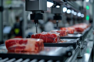a robotic system packaging bioengineered meat products, front view, Automated packaging line, advanced tone, Monochromatic Color Scheme