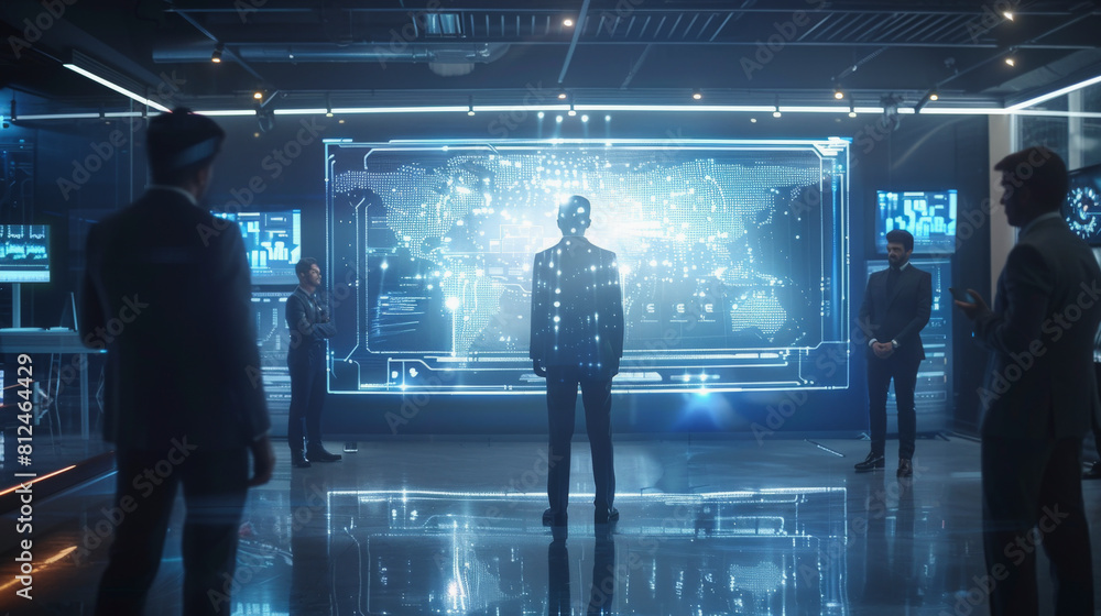 Aufkleber a person stands before a futuristic holographic display in a high-tech control room, while others wa