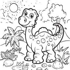Coloring Pages Cute Tyrannosaurus Dinosaur of meadows, trees, mountains and clouds. Printable Coloring book Outline black and white.