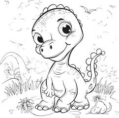Coloring Pages Cute Tyrannosaurus Dinosaur of meadows, trees, mountains and clouds. Printable Coloring book Outline black and white.