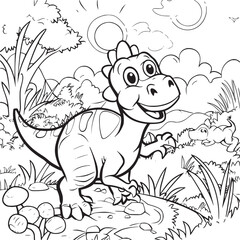 Coloring Pages Cute Tyrannosaurus Dinosaur of meadows, trees, mountains and clouds. Printable Coloring book Outline black and white.