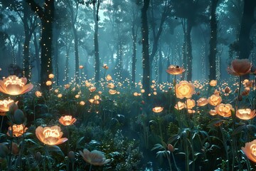 An eerie depiction of a forest at night lit only by solarpowered glowing flowers and plants