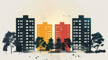 Building silhouette flat design side view architectural theme water color Complementary Color Scheme, water color, cartoon, hand drawing, animation 3D, vibrant, minimalist style ,