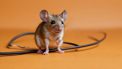 A small mouse eating or biting electric wires on a plain isolated light orange background, isolated