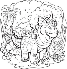Coloring Pages Cute Tyrannosaurus Dinosaur of meadows, trees, mountains and clouds. Printable Coloring book Outline black and white.