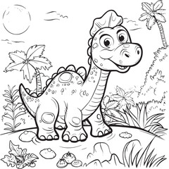 Coloring Pages Cute Tyrannosaurus Dinosaur of meadows, trees, mountains and clouds. Printable Coloring book Outline black and white.