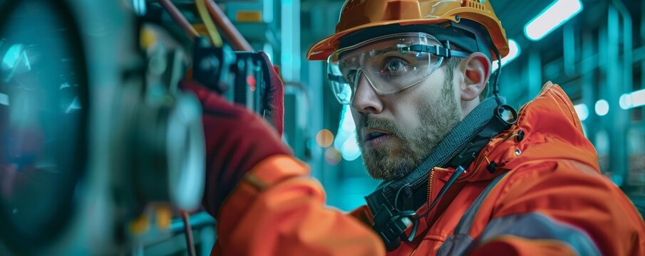 An electrical engineer using a thermal imaging camera to check for overheating in an industrial setting