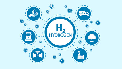 Blue background concept about hydrogen or hydrogen H2 as fuel energy leading to renewable energy in the world. with white icon