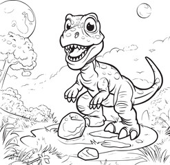 Coloring Pages Cute Tyrannosaurus Dinosaur of meadows, trees, mountains and clouds. Printable Coloring book Outline black and white.