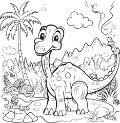 Coloring Pages Cute Tyrannosaurus Dinosaur of meadows, trees, mountains and clouds. Printable Coloring book Outline black and white.