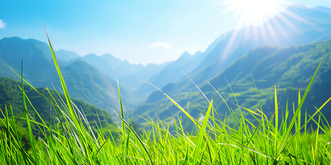Landschaft mit Berge, blauen Himmel und saftigen grünen Gras als Poster und Banner im Querformat, ai generativ