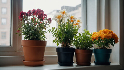 flowers in pots near the window