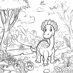 Coloring Pages Cute Tyrannosaurus Dinosaur of meadows, trees, mountains and clouds. Printable Coloring book Outline black and white.