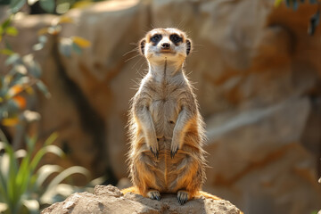 Meerkat investigating territory, detecting predators and ensuring safety. Wildlife concept.