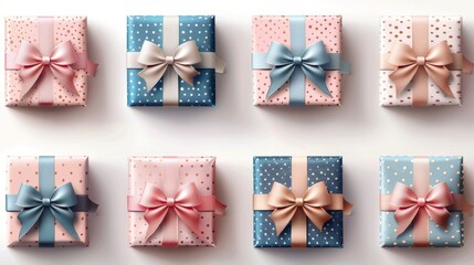 Set of pastel color gift boxes with ribbon bow modern illustration. Collection of pastel color decorative presents in different shapes on white background. For use as card, poster, birthday, banner,