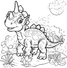 Coloring Pages Cute Tyrannosaurus Dinosaur of meadows, trees, mountains and clouds. Printable Coloring book Outline black and white.