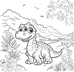 Coloring Pages Cute Tyrannosaurus Dinosaur of meadows, trees, mountains and clouds. Printable Coloring book Outline black and white.