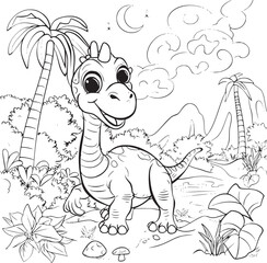 Coloring Pages Cute Tyrannosaurus Dinosaur of meadows, trees, mountains and clouds. Printable Coloring book Outline black and white.