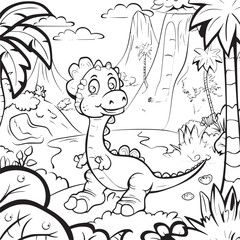 Coloring Pages Cute Tyrannosaurus Dinosaur of meadows, trees, mountains and clouds. Printable Coloring book Outline black and white.