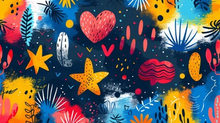 Doodles in seamless pattern. Abstract art background modern design with childish scribbles, hearts, circles, stars in vibrant colors. Suitable for fabric, prints, and covers.