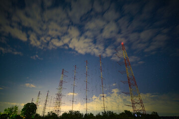 broadcast radio antennas. night photography with long exposure time.