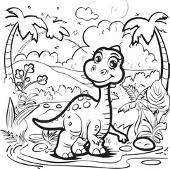 Coloring Pages Cute Tyrannosaurus Dinosaur of meadows, trees, mountains and clouds. Printable Coloring book Outline black and white.