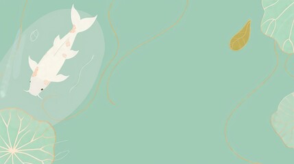 Fototapeta premium A white koi fish with a light teal background featuring gold lines and leaves, website background, design template, empty space 