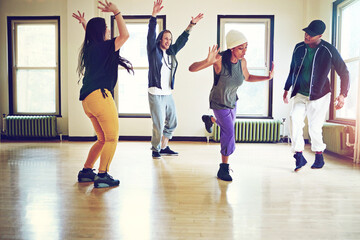 Hiphop, class and group dancing motion, talent and performance and movement art practice for...