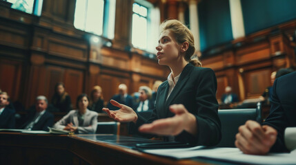 Female lawyer speaking during a trial in a courtroom