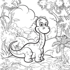 Coloring Pages Cute Tyrannosaurus Dinosaur of meadows, trees, mountains and clouds. Printable Coloring book Outline black and white.