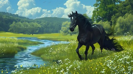  Regal black horse prancing gracefully in a vibrant green meadow with a serene blue waterway meandering nearby. 

