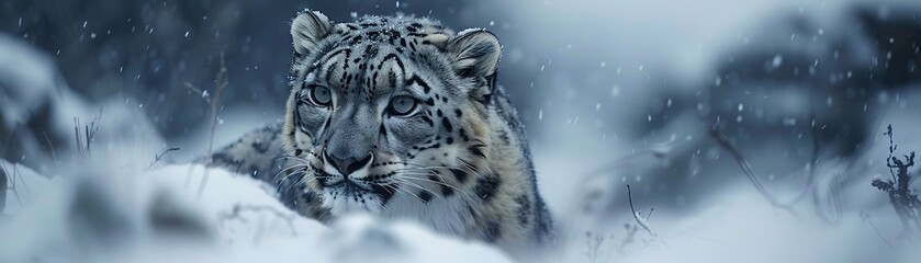 Obraz premium A closeup view of a snow leopards face, showcasing its distinctive markings and intense gaze, with the snowcovered Himalayan mountains in the background The winter scene provides a peaceful backdrop, 