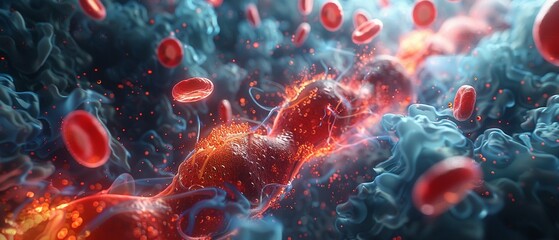 A dramatic representation of the battle between HDL and LDL within the arteries, with omega3 acids providing support The Mediterranean diet influence is subtly hinted at, emphasizing its role in prote