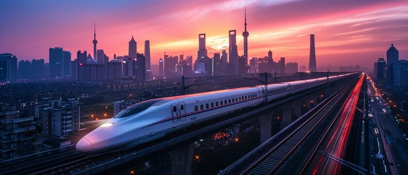 A striking image of a modern bullet train racing along elevated tracks above city roads at twilight, blending seamlessly into the urban landscape and symbolizing progress and innovation 8K , high-reso