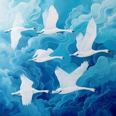 Art, six white swans are flying across the blue sky.
